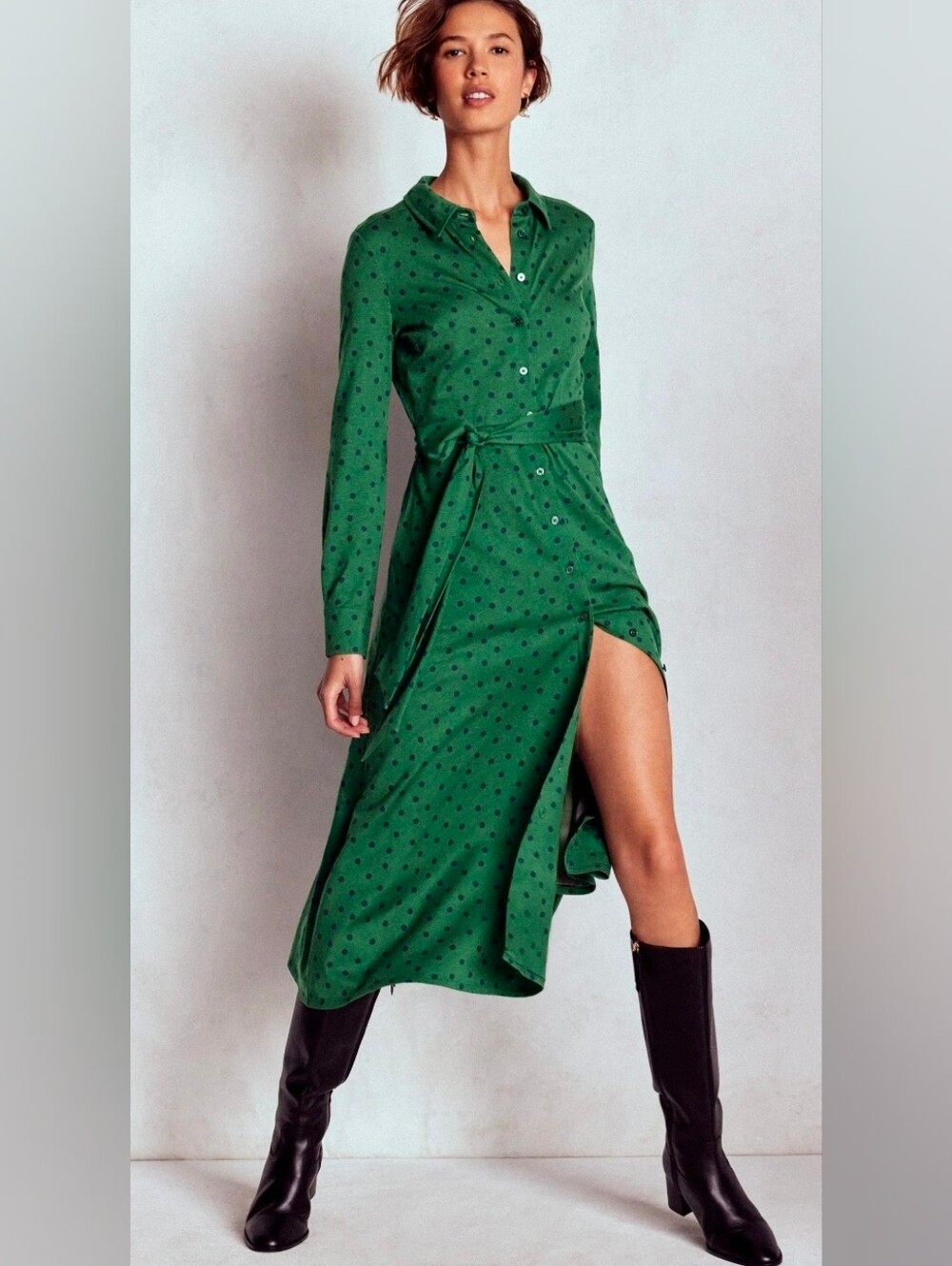 Boden Marcia Jersey Shirt Dress in hunter green with a painted dot print-8P